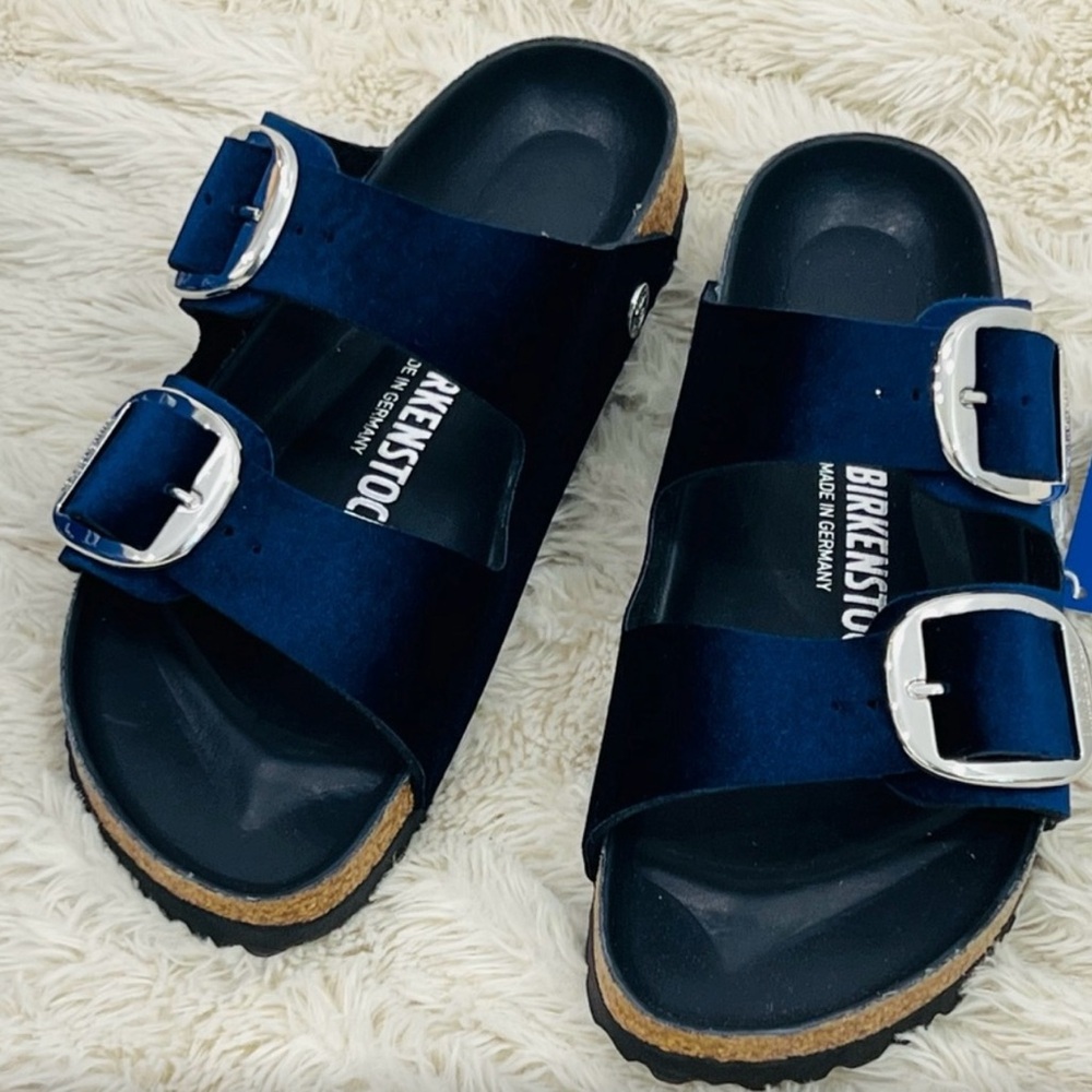 Birkenstock Dark Blue Sandals with Metallic Buckless size 9.  Only worn once.